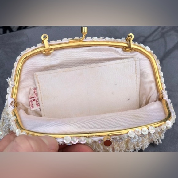 Vintage 1950s White Beaded Sequined Clutch Wristlet Handbag Coin Purse Satchel - Picture 2 of 8